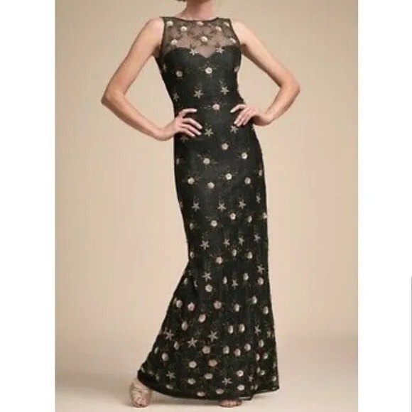 Anthropologie BHLDN Metallic Beaded Floral Maxi Dress Gown w/ Illusion Neckline - Picture 1 of 6